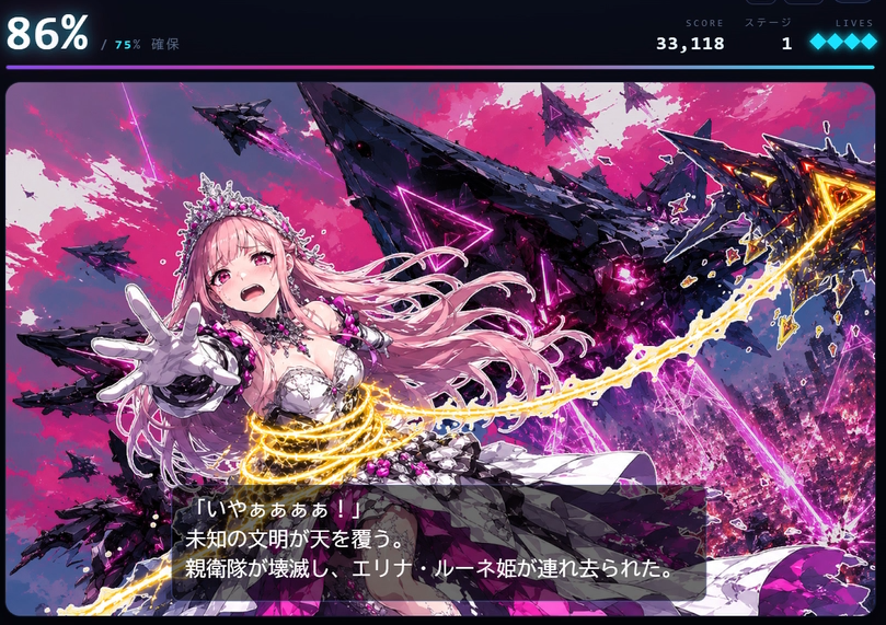 クリア時のストーリーテキストとリザルト窓